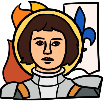 a bust portait of Joan of Arc, a young person wearing armour with pale skin and brown hair in a fringed bob. Behind Joan on one side is flames, and on the other a white banner with a blue fleur-de-lis; around Joan's head is a halo.